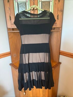 Joseph Ribkoff Black & Nude Illusion Striped Mesh Fit & Flare Dress 8